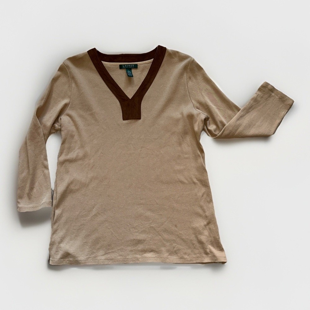 Lauren Ralph Lauren Women Cotton 3/4 Sleeve V-Neck Suede Trim Top Tan Size Large